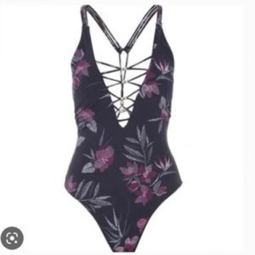 TiniBikini Black and Pink Floral One-Piece Small